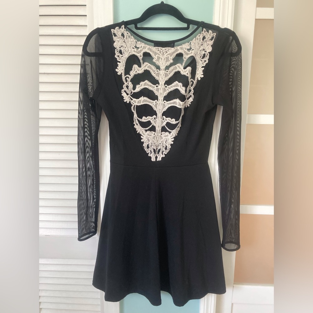 Embroidered Ribcage Mesh Long Sleeve Dress
